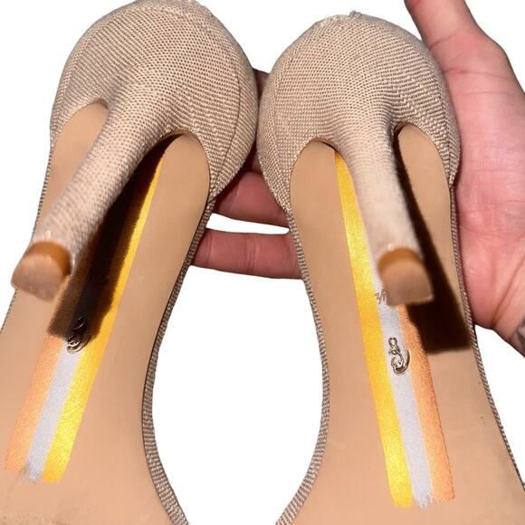 Sam Edelman Gillie Sand Linen Stilettos Open Toe Heels Beaded Size 7.5, 4'' Heel - Picture 8 of 13